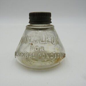 Antique Pineoleum Clear Glass Bottle Cork Lined Metal Cap Catarrhal Conditions